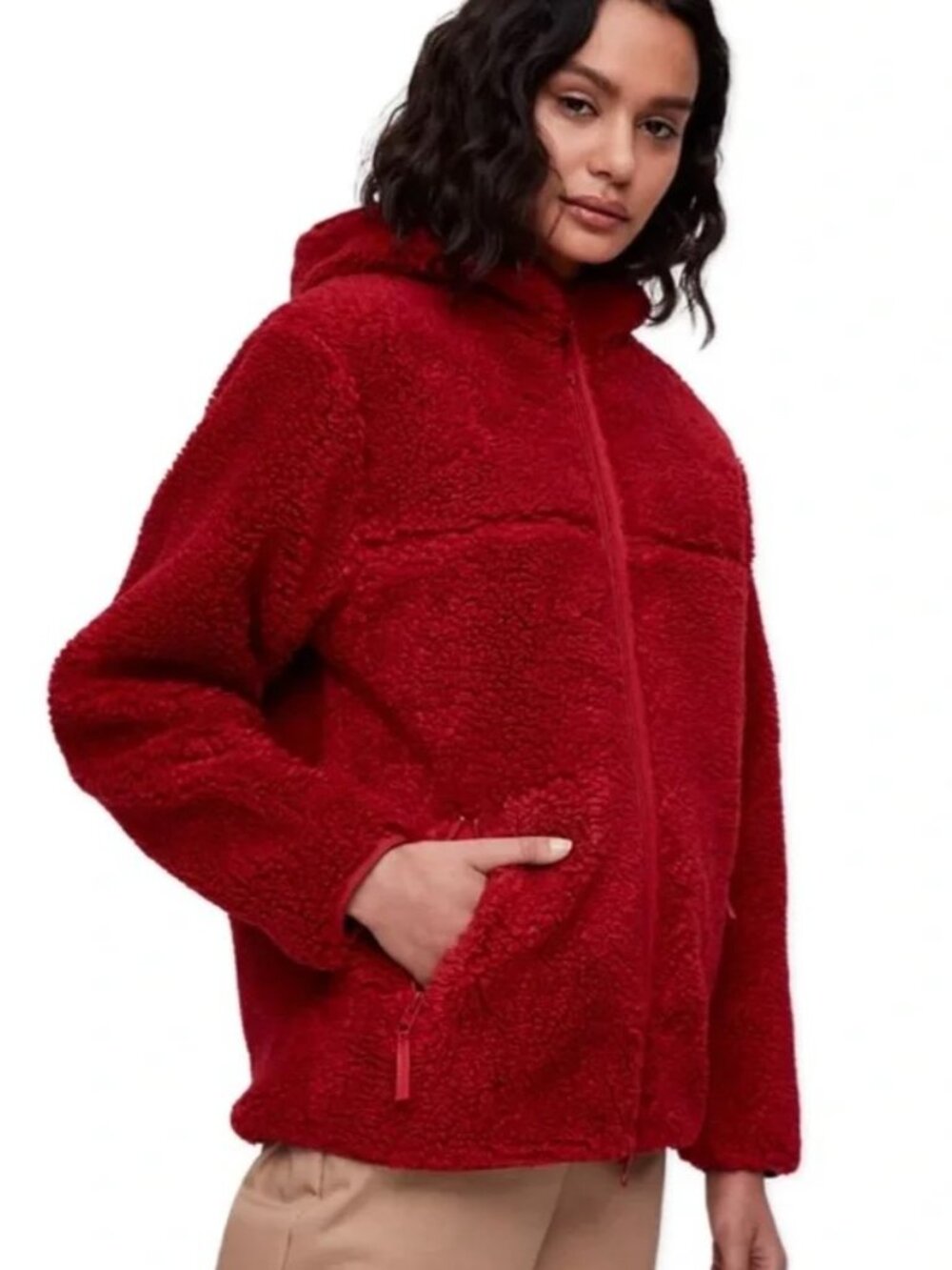 Aritzia TNA Swann Sherpa Fleece Zip-Up Hoodie Jacket Lined Red Women's Size L